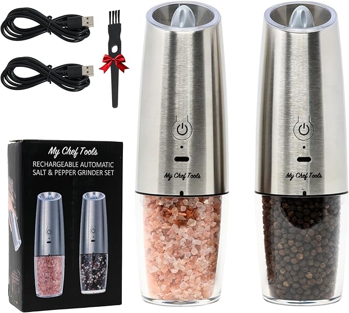 My Chef Tools - Electric Salt and Pepper Grinder Set - Rechargeable Automatic Salt Pepper Mill - USB C Charging - LED Light Illumination - Adjustable Coarseness - 2 Pack Silver