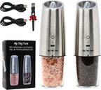 My Chef Tools - Electric Salt and Pepper Grinder Set - Rechargeable Automatic Salt Pepper Mill - USB C Charging - LED Light Illumination - Adjustable Coarseness - 2 Pack Silver