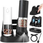 Electric Salt and Pepper Grinder Set – Automatic One-Handed Operation, Rechargeable ABS Mills, LED Light, 5-Level Adjustable Coarseness, Large 95ml Capacity and Charging Base