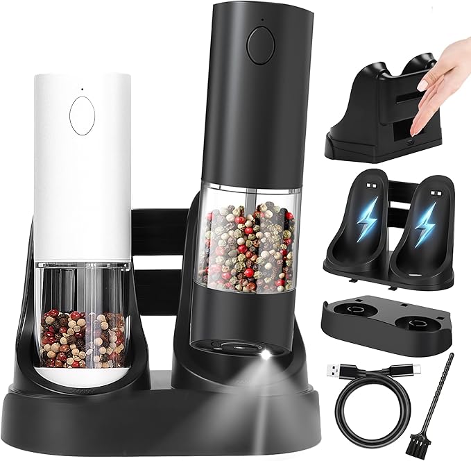 Electric Salt and Pepper Grinder Set – Automatic One-Handed Operation, Rechargeable ABS Mills, LED Light, 5-Level Adjustable Coarseness, Large 95ml Capacity and Charging Base