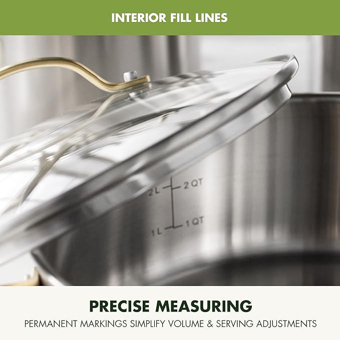 GreenPan 11 Piece Stainless Steel Cookware Set, Induction Ready, Tri-Ply Multiclad Pots & Pans with Lids, Compatible on All Cooktops, Measurement Markings, Dishwasher & Oven Safe, Swift, Gold Handles