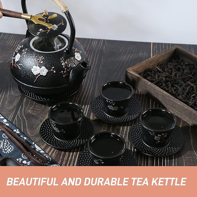 Tea Set Tea Kettle Japanese Style Beautiful Black Cast Iron Teapot Set with 4 Cups,4 Cup Mats,1 Trivet and 1 Lid Holder,40.6oz Teapot with Infuser for Stove Top Safe
