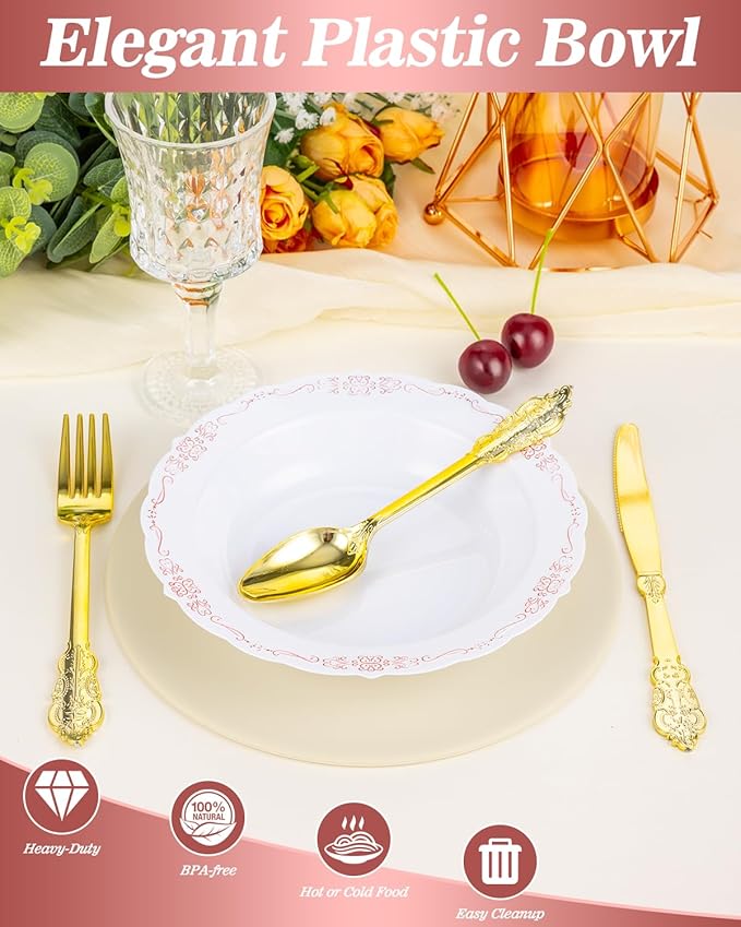 50 Pack White Plastic Bowls with Rose Gold Rim, 12oz Plastic Dessert Bowl, Bowls Disposable Heavy Duty for Hot Soup, Dessert, Salad, Cake, Ice Cream, Fruit