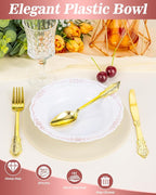 50 Pack White Plastic Bowls with Rose Gold Rim, 12oz Plastic Dessert Bowl, Bowls Disposable Heavy Duty for Hot Soup, Dessert, Salad, Cake, Ice Cream, Fruit