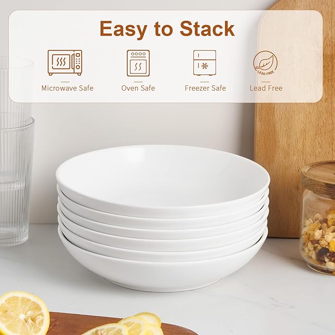 Jassceram 8.5inch Pasta Bowls Set of 6, 36 OZ Salad Plates,Ceramic Serving Bowls for Soup,Noodle,Deep Enough for Kitchen and Dining, Microwave,Oven and Dishwasher Safe,Off White