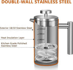 Large French Press Coffee Maker 50oz (1.5L), 304 Stainless Steel Double Wall Insulated Tea Press for Camping, Backpacking, Party, Travel, Gift Set, Dishwasher Safe (Silver, 6-8 Cups)