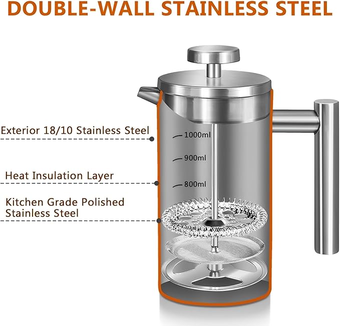 Large French Press Coffee Maker 50oz (1.5L), 304 Stainless Steel Double Wall Insulated Tea Press for Camping, Backpacking, Party, Travel, Gift Set, Dishwasher Safe (Silver, 6-8 Cups)