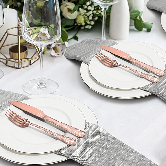EUIRIO 48-Piece Rose Gold Silverware Set with Steak Knives, Flatware Set for 8, Stainless Steel Cutlery Set, Knives and Forks and Spoons Sets, Unique Pattern Design, Mirror Polish, Dishwasher Safe