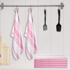Urban Villa Kitchen Towels 100% Cotton Pack of 6, Highly Absorbent Quick Drying Super Soft Premium Dish Towels for Kitchen with Hanging Loop Hand & Tea Towels - 20x30 Inch, (Pink & White, Striped)