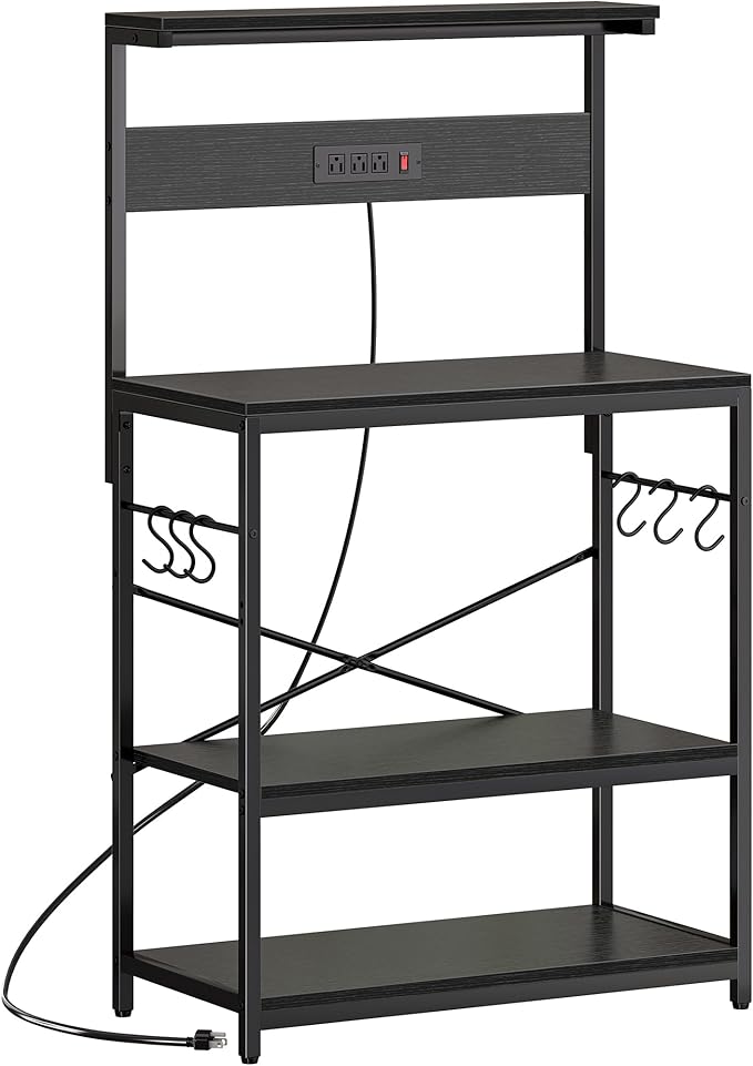 SUPERJARE Bakers Rack with Power Outlets, Microwave Stand, 31.5 X 16.5 Inch Larger Desktop, Kitchen Storage Rack with Adjustable Middle Shelf, 6 S-Shaped Hooks, Coffee Bar Stand, Black