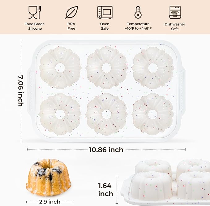 Mini Fluted Tube Cake Pans for Baking with Metal Reinforced Frame, 2Pcs Silicone 6-Cavity Mini Flan Molds, Nonstick Baking Mold for Cupcake, Brownie, Donuts, Cornbread, Jello