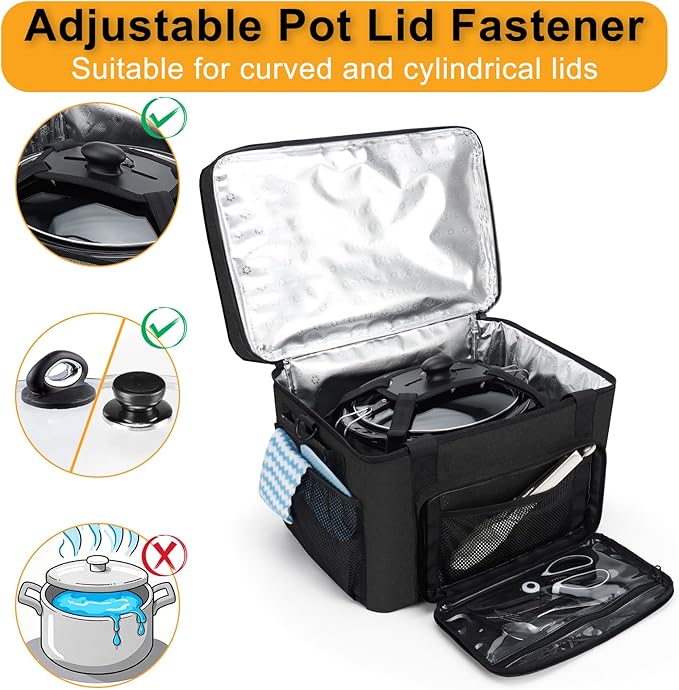 Slow Cooker Carrying Bag, Double Layer Insulated Design Slow Cooker Carrier with Removable Hard Liner and Pot Lid Fastener Fit for 6-8 Quart Crock Pot, Black