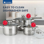 Daniks Standard 6-Piece Stainless Steel Induction Cookware Set, Dishwasher Safe Pots, Measuring Scale, Glass Lids, For Soup, Pasta, Stew, Silver