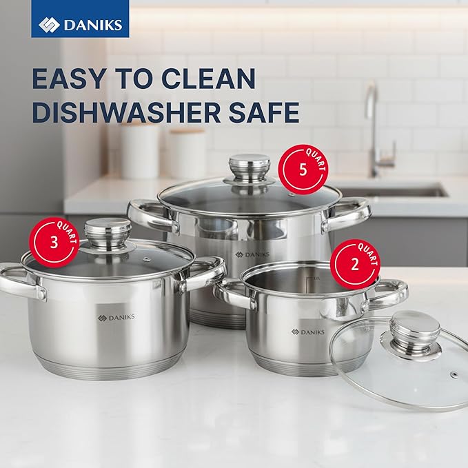 Daniks Standard 6-Piece Stainless Steel Induction Cookware Set, Dishwasher Safe Pots, Measuring Scale, Glass Lids, For Soup, Pasta, Stew, Silver