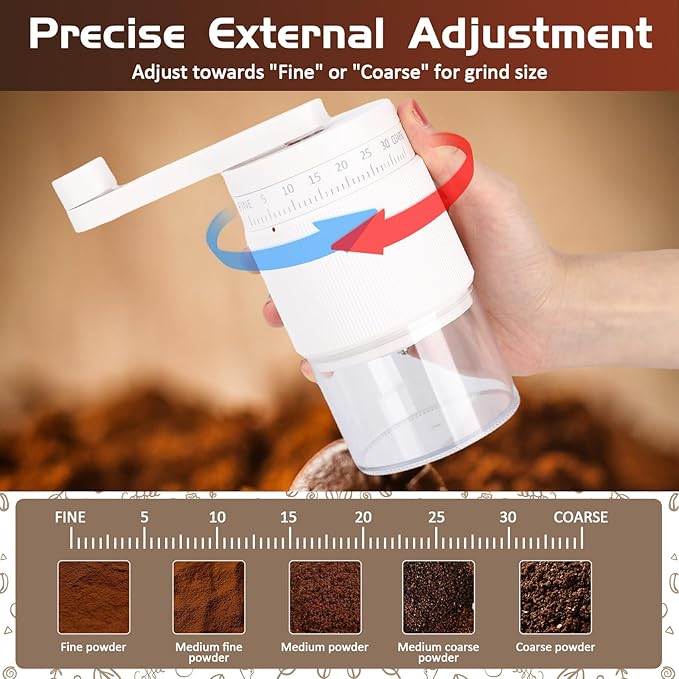 Manual Coffee Grinder - 95 Ceramic Burr, Adjustable Coarse to Fine, 30g Beans & 80ml Powder, Detachable Handle for Espresso, French Press, Camping (white)