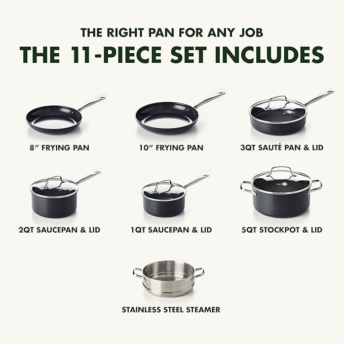GreenPan Chatham Black Prime Midnight Hard Anodized Healthy Ceramic Nonstick 11 Piece Cookware Pots and Pans Set, PFAS-Free, Dishwasher Safe, Oven Safe, Black