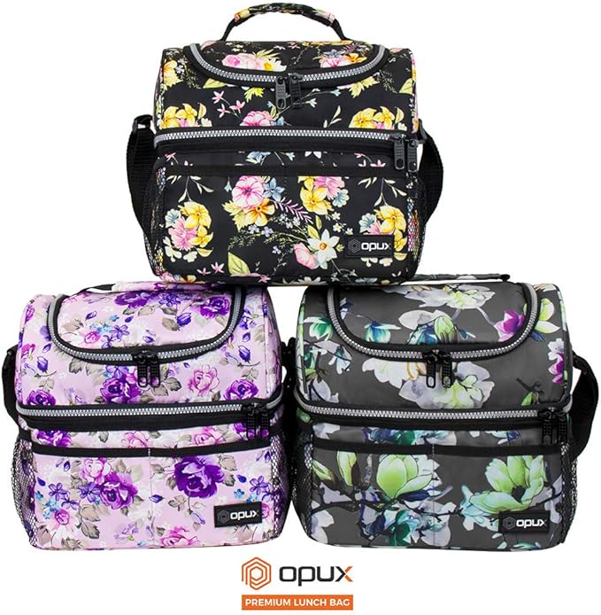 OPUX Lunch Box For Women, Insulated Large Lunch Bag Adult Work, Double Decker Lunchbox Meal Prep, Dual Compartment Leakproof Lunch Cooler, Soft Lunch Pail Tote for Girls Kids School, Floral Black 12L