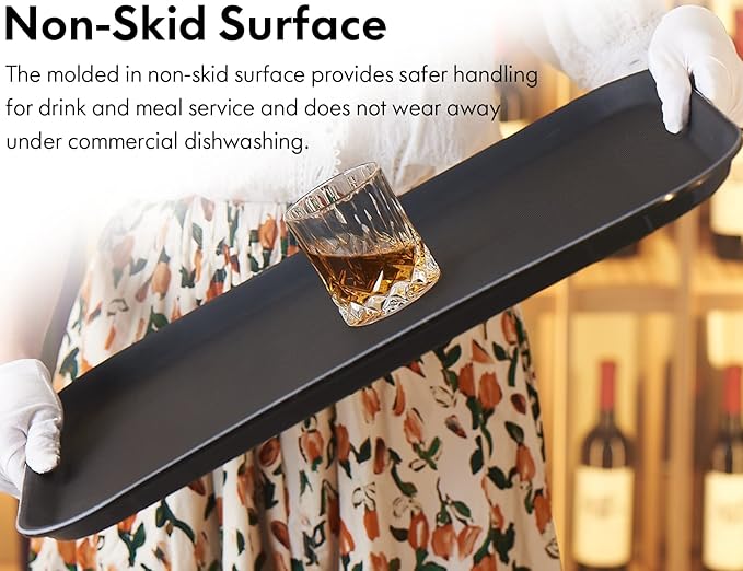 CURTA 2-Pack Restaurant Grade Non-Slip Tray, NSF, 22 Inch x 16 Inch, Plastic Rubber Lined Rectangular Serving Tray, Black