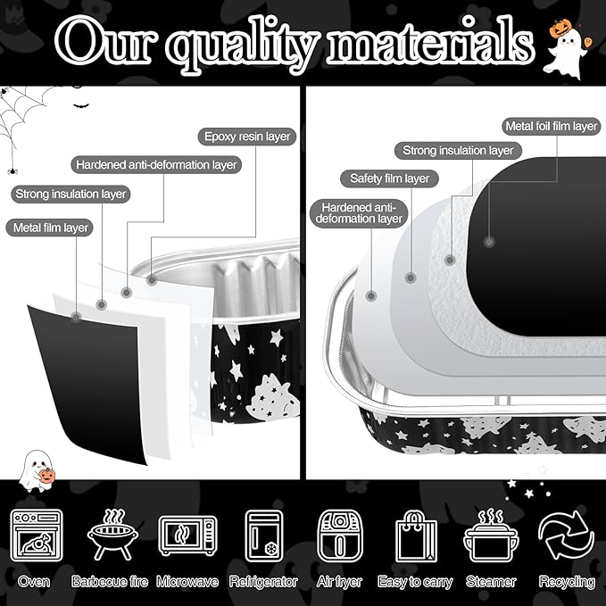 Tioncy 50 Pcs Halloween Mini Black Pink Loaf Pans with Lids Spoons Sticker Star Ghost 6.8oz Disposable Rectangle Aluminum Foil Baking Pans Muffin Cupcake Cups for Picnics Birthday Halloween Party