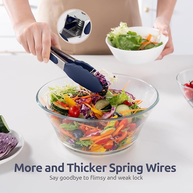 600ºF Heat Proof Kitchen Tong: U-Taste 7" Silicone Cooking Tong with Firm Sealed Non Stick Rubber Tips & Silicon Coated 18/8 Stainless Steel Handle & Smooth Locking for Serving Salad (Midnight Blue)