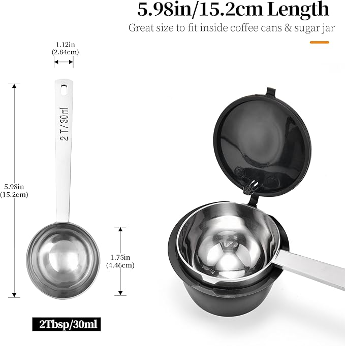 Long Handle Coffee Scoop: 18/8 Stainless Steel 5.98 Inch 2 Tablespoon Metal Measuring Spoon Tbsp Scoop for Coffee Beans, Grounds Coffee, Coffee Powder, Tea, Tall Jars (2Tbsp/30ml)