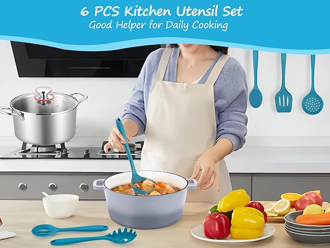 TeamFar Silicone Cooking Utensils Set of 6, Kitchen Utensils Set, Includes Ladle Slotted Turner for Non-stick Cookware, Healthy & One-Piece, Non-Scratch & Heat Resistant, Dishwasher Safe, Dark Blue