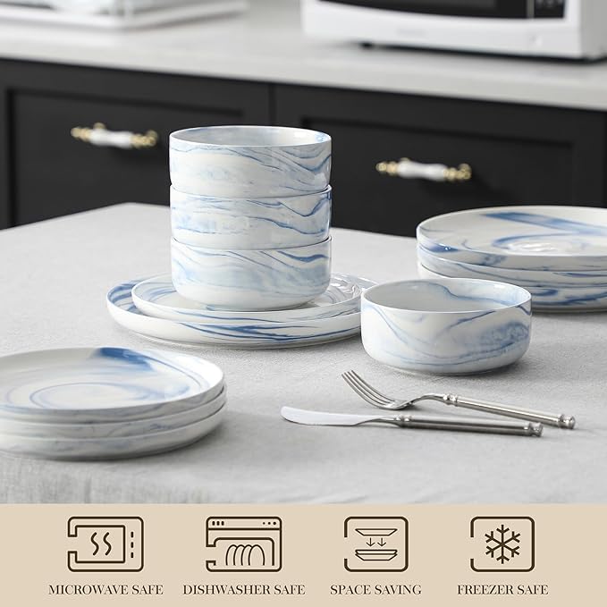 MALACASA Plates and Bowls Sets, 12 Pieces Porcelain Dinnerware Sets Dishware Sets Chip Resistant Ceramic Dish Set Dining Dinner Ware Service for 4, Marble Blue, Series LUNA