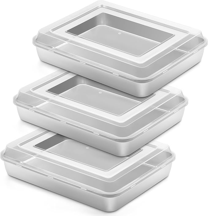 Baking Pan with Lid, Stainless Steel Lasagna Rectangle Cake Browinie Pan, 9¾ x 12½ x 2 Inch, Set of 3
