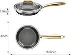 Fogdream 8” Stainless Steel Pan, Non Stick Frying Skillet with Lid, Tri-Ply Stainless Steel for All Cooktops, Dishwasher and Oven-Safe Cooking Pan, Stay-Cool Handle, Gold