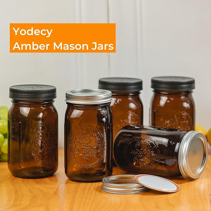 4 Pack 32 oz Amber Wide Mouth Mason Jars with Airtight Lids and Black Plastic Mason Jar Lids, Amber Canning Jars