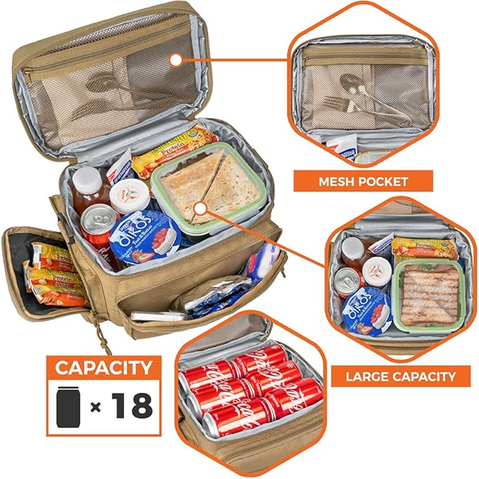 opux Tactical Lunch Box for Men, Tan Mens Insulated Lunch Bag for Adult, Leakproof Soft Lunch Cooler with MOLLE Mesh Side Pockets, Multicam Heavy Duty Lunchbox Pail for Work Women, Large, 18 Cans
