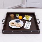 24"x24" Extra Large Square Ottoman Tray, Heavy Duty Mango Wood, for Serving Tea, Breakfast in Bed, Living Room Large Coffee Table Tray Rustic with Farmhouse Style, Decorative Handles and Accent Strap