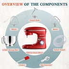 CHeflee Stand Mixer,600W 6+P With 6.5QT Stainless Steel Bowl,Dough Hook, Wire Whip & Beater,for Most Home Cooks,Red