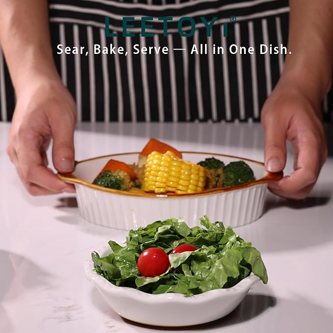 LEETOYI Porcelain Small Oval Au Gratin Pans, Baking Dish Set for 1 or 2 person servings, Bakeware with Double Handle for Kitchen and Home, Set of 2 (White/Brown)