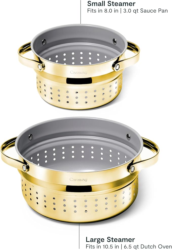 Caraway Steamer - Stainless Steel Steamer with Handles - Non Stick, Non Toxic Coating - Steam Veggies, Seafood, and More - Compatible With Our Dutch Oven or Sauce Pan - Small, 3qt - Gold