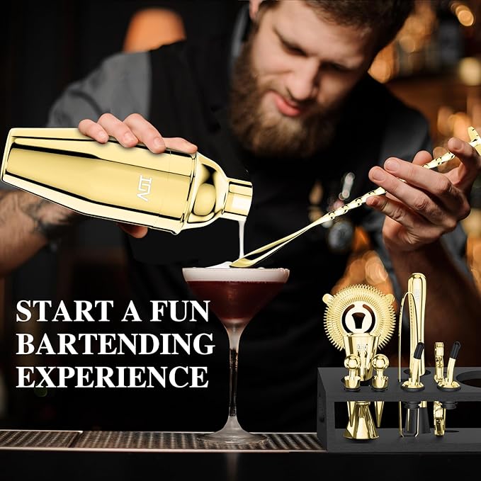 IOV Mixology Bartender Kit With Stand | 12-Piece Cocktail Shaker Set | 24oz Martini Shaker Set For Drink Mixing | Bar Set Includes All Bar Tools And Recipe Booklet | Fun Housewarming Gift (Gold)
