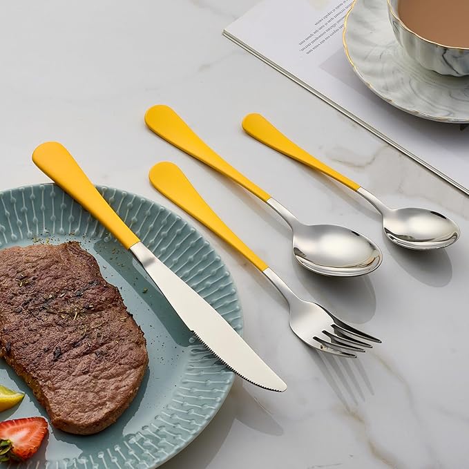 20-Piece Yellow Silverware Set 18/0 Stainless Steel Flatware Yellow Handle Cutlery Set Service for 4 Dinner Knives Forks Spoons Set Mirror Finish Dishwasher Safe