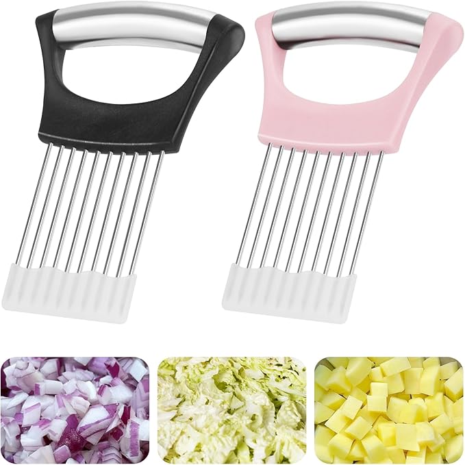 2PCs Stainless Steel Onion Slicer Holder, Onion Cutter Holder for Slicing of Onions,Tomatoes,Avocados,Eggs and Other Vegetables,KItchen Utensils (Pink & Black)