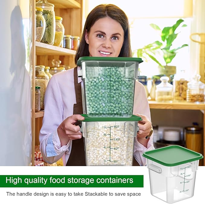 2 Pieces Square Food Storage Containers Polycarbonate Clear food Container with Lid Commercial Storage with Graduations for Commercial Kitchen Dough Marinating Meat(Green, 8 Qt)