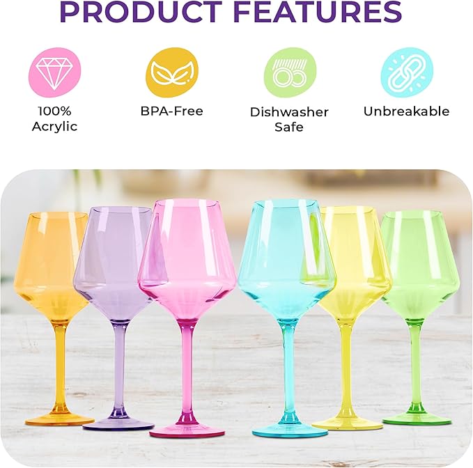 Acrylic Colored Wine Glasses Set of 6 | BPA-Free Plastic, Tritan & Acrylic - Stemmed wine glasses, Dishwasher Safe, Unbreakable Glass for Indoor & Outdoor (jewel)