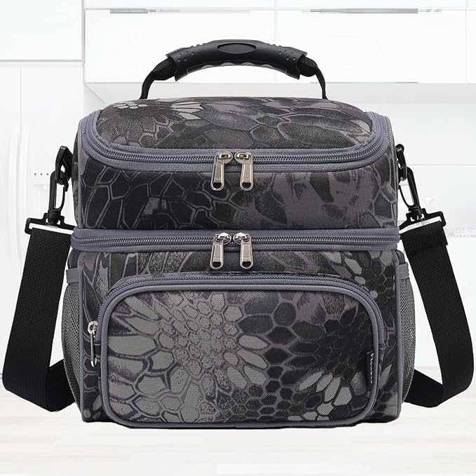 FlowFly Double Layer Cooler Insulated Lunch Bag Adult Lunch Box Large Tote Bag for Men, Women, With Adjustable Strap,Front Pocket and Dual Large Mesh Side Pockets