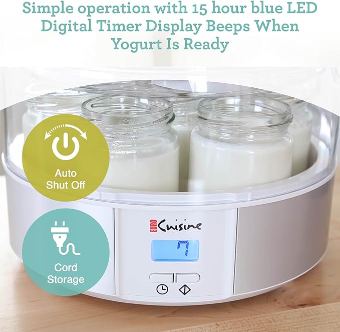 Euro Cuisine Yogurt Maker - YMX650 Automatic Digital Yogurt Maker Machine with Set Temperature - Includes 7-6 oz. Reusable Glass Jars and 7 Rotary Date Setting Lids for Instant Storage