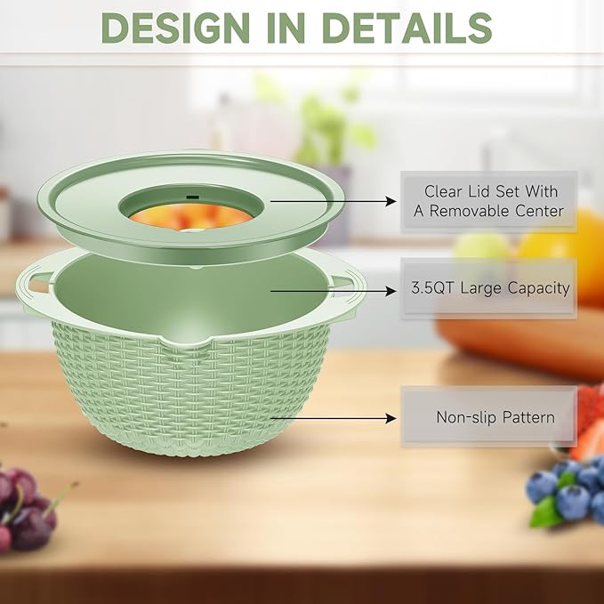 4-1 Strainer Bowl with Lid Set - Strainers and Colanders - Colanders for kitchen - Food Strainer with Graters & Spoons - Fruit Washing Bowl with Colander Pasta Rice Strainer for Veggie Wash Green