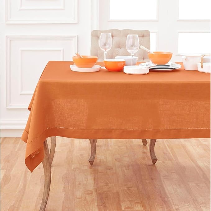 Solino Home Pumpkin Linen Tablecloth 60 x 120 Inch - Classic Hemstitch, 100% Pure Linen Rectangular Tablecloth - Machine Washable Table Cloth for Fall, Autumn, Halloween
