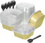 HARFINGTON 40Pack 10oz Disposable Mini Cake Pans with Lids and Spoons Gold Aluminum Foil Square Baking Cupcake Dessert Cups Tin for Birthday Party