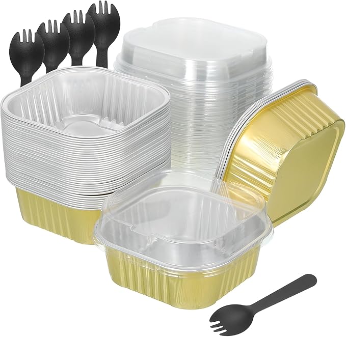 HARFINGTON 40Pack 10oz Disposable Mini Cake Pans with Lids and Spoons Gold Aluminum Foil Square Baking Cupcake Dessert Cups Tin for Birthday Party