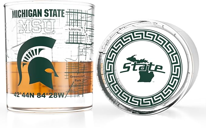 Greenline Goods – Michigan State University Spartans College Whiskey Glasses (Set of 2), 10 oz – Full-Color Logo + Campus Map