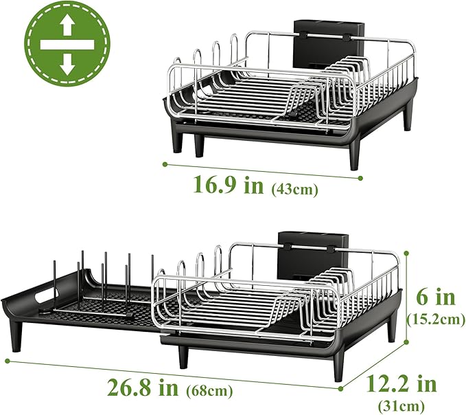 SNTD Dish Drying Rack - Expandable Dish Rack for Kitchen Counter, Large Dish Drainer with Pan Holder, Dish Strainer with Drainboard Cup Holder and Utensil Holder, Black