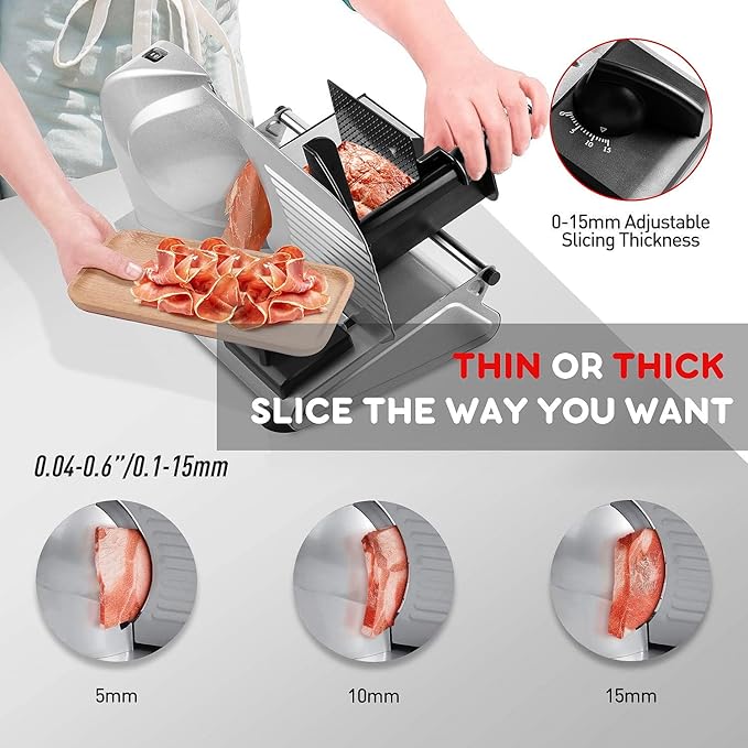 Meat Slicer, Techwood 150W Electric Slicer for Home Use with 2 Removable 7.5" Stainless Steel Blade, Deli Cheese Fruit Vegetable Bread Cutter with Adjustable Thickness, Easy to Clean, Silver