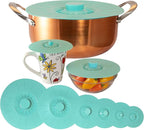 Silicone Lids Extra Large Teal Set of 6 Sturdy Suction Seal Covers. Universal fit for Pots, Fry Pans, Cups, and Bowls 5" to 12". Natural grip handles interlock for easy use and storage. Food Safe.